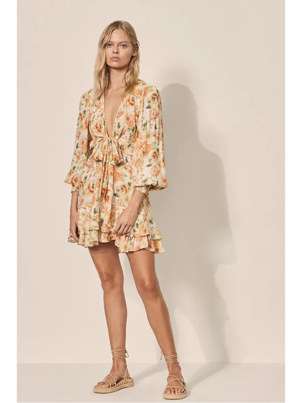 Anthropologie Kivari Everly Peach Floral Tie-Front Mini Dress 4 - Picture 2 of 11